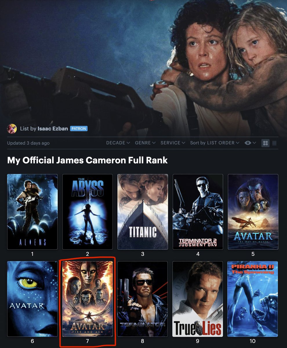 IsaacEzban's tweet image. Celebrating the release of #AvatarFireAndAsh, this week on #ListOfTheWeek # 296, MY OFFICIAL JAMES CAMERON FULL RANK, a filmmaker that shares 2 obsessions with me: the ocean, and the aliens!!!

I have to admit #AvatarFireAndAsh wasn´t quite what I was expecting (I was expecting