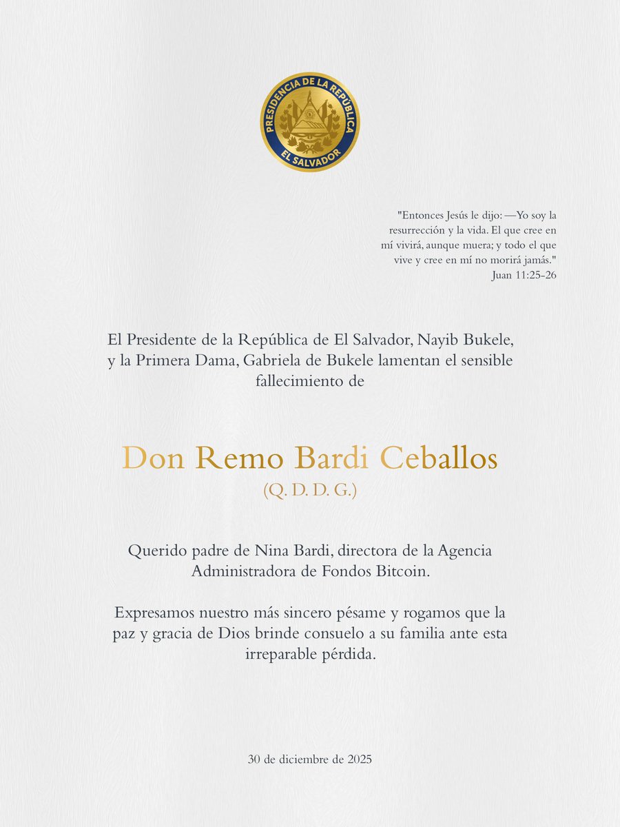 El Presidente <a href="/nayibbukele/">Nayib Bukele</a> y la Primera Dama Gabriela de Bukele lamentan profundamente el fallecimiento de Don Remo Bardi Ceballos, amado padre de Nina Bardi, directora de la Agencia Administradora de Fondos Bitcoin. 

Extendemos nuestras condolencias a su familia y amigos, y