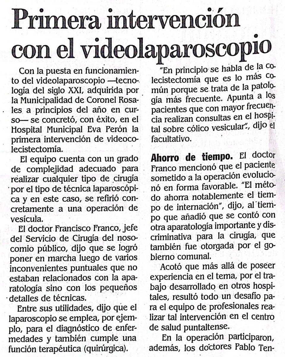 rodrigo_arist's tweet photo. Les quiero compartir este recorte que encontré estos días. Es del año 2005 y cuenta la incorporación de la torre laparoscópica que tenía nuestro Hospital. Un equipo que ya llevaba varios años de uso encima (era del ’99), pero que significó un avance para la salud pública. https://t.co/TMWKz832iy