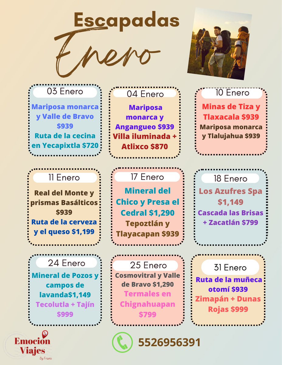 EmocionViajes's tweet image. Ya tenemos listo nuestro calendario para que disfrutes de una escapada en enero 📷
Si deseas algún itinerario envíanos mensaje al 55 2695 6391
#tours #viajes #excursiones #escapadas #viajapormexico #viajerosmexicanos #emocionviajes #ViajerosFrecuentes #viajaresvivir