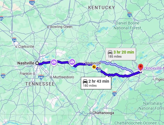 #MusicCityBowl

Illinois (the state) is closer to Nashville than Knoxville. 

If two cars left Nashville at the same time, one would reach Metropolis, Illinois faster than Knoxville.