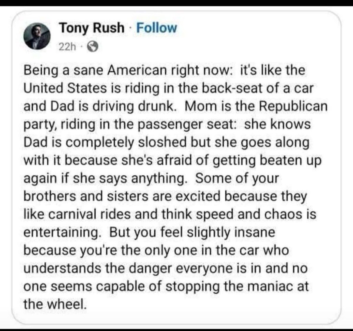 TheDemCoalition's tweet image. A good description of what it feels like to be a sane American during the Trump regime.

#ResistTrump