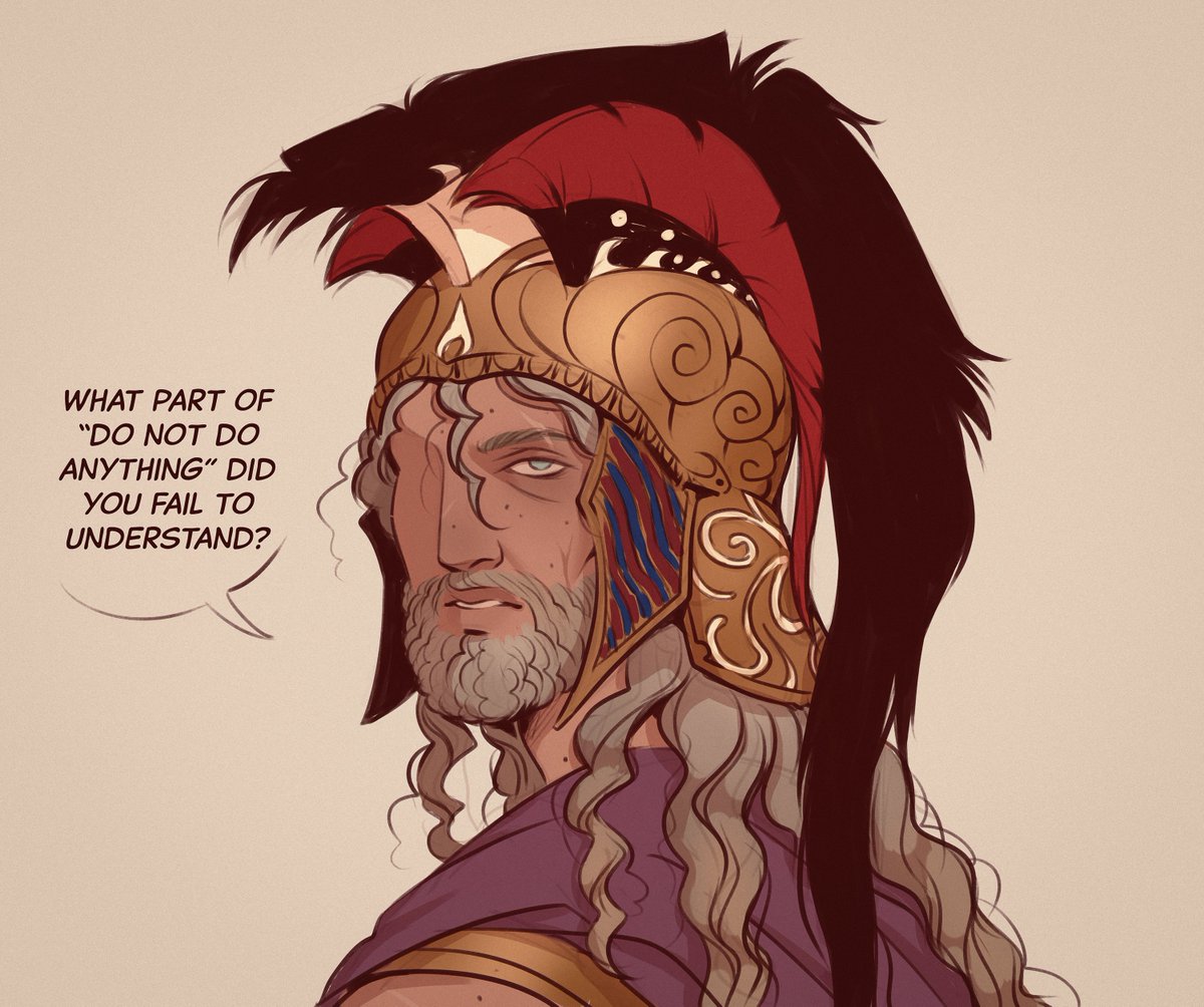a1ienrat's tweet image. Alcibiades after the battle of Notium. He's so done with everything.  (For a short period of time he was "strategos autokrator" (a sort of commander-in-chief), which was the highest position of power one could have in democratic Athens.)  Yes I gave him 3 crests.