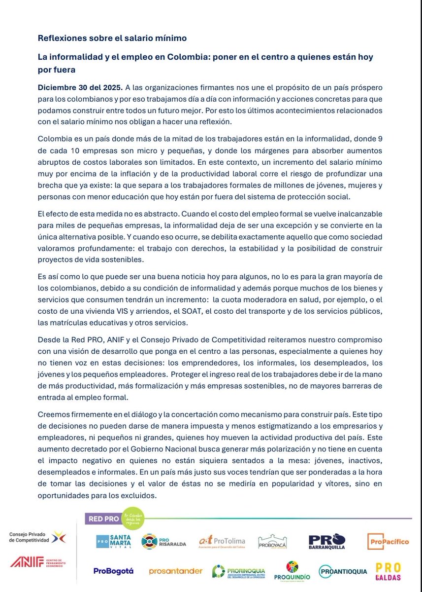 Reflexiones sobre el #SalarioMínimo

Desde la #RedPro, <a href="/ANIFCO/">ANIF | Centro de Pensamiento Económico</a> y el Consejo Privado de Competitividad <a href="/ColombiaCompite/">Consejo Privado de Competitividad</a> reiteramos nuestro compromiso con una visión de desarrollo que ponga en el centro a las personas, especialmente a quienes hoy no tienen voz en estas decisiones: