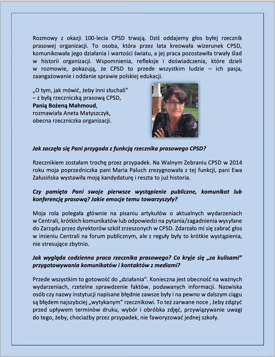 dokszta's tweet photo. Rozmowy z okazji 100-lecia CPSD trwają. „O tym, jak mówić, żeby inni słuchali”– z byłą rzeczniczką prasową CPSD, Panią Bożeną Mahmoud, rozmawiała Aneta Matyszczyk, obecna rzeczniczka CPSD.
Link do całości wywiadu:
https://t.co/LVyFR3B0yo
@InstytutIRJP @kultura_gov_pl @MEN_GOVPL https://t.co/LHQoFAG1D2