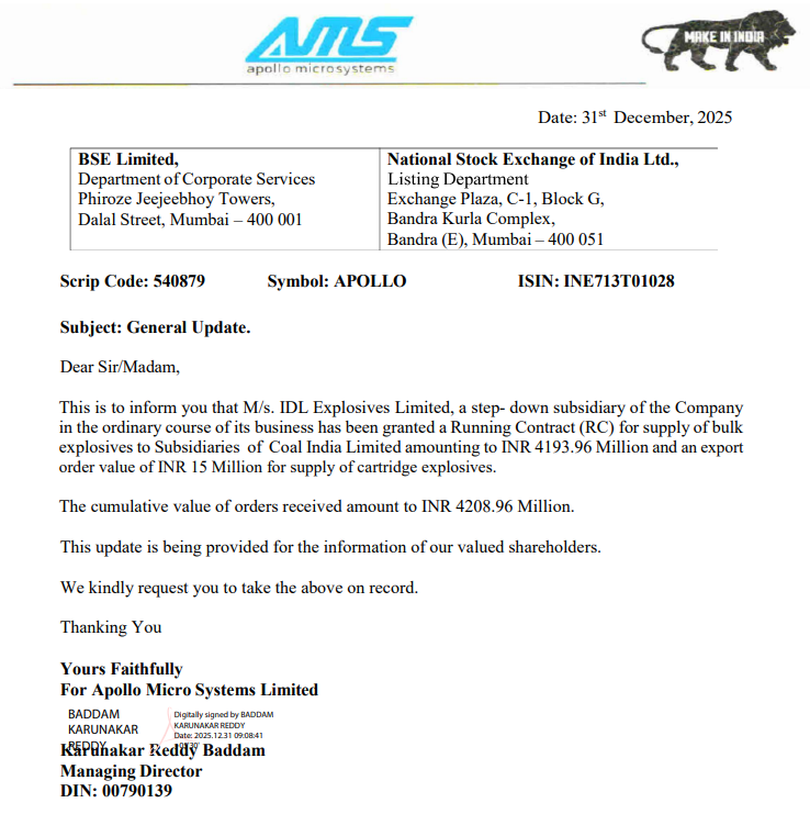 IndianStockEco's tweet photo. 🚨Apollo Micro Systems:
👉#ApolloMicroSystems has been granted a Running Contract (RC) for supply of bulk explosives to Subsidiaries of #CoalIndia amounting to INR 4193.96 Million and an export order value of INR 15 Million for supply of cartridge explosives.
#AMSL #neworder #StocksToWatch #stockmarketsindia #stockmarketnews #nifty #indianstockeco