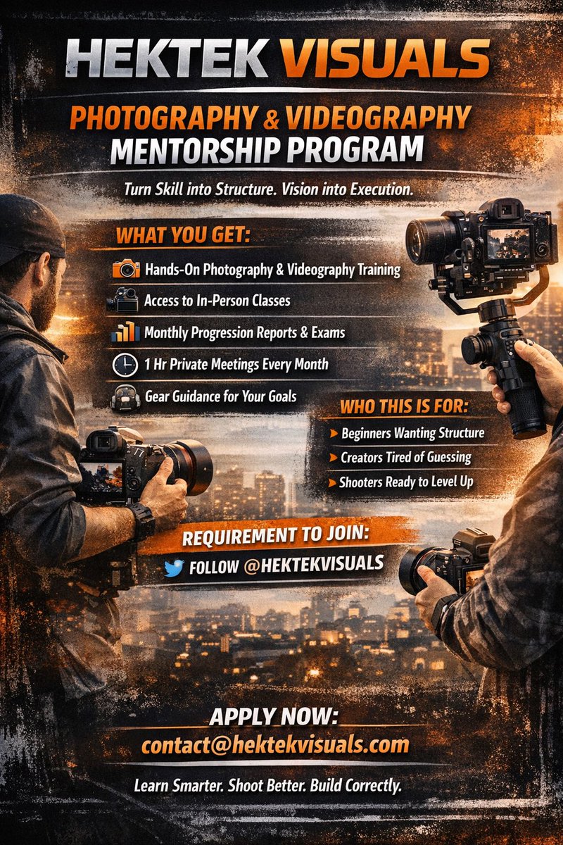 Hektekdesires's tweet photo. HEKTEK VISUALS MENTORSHIP PROGRAM 🎥📸
Photography &amp; Videography for creators who want structure, not guesswork.
✔️ Automatic access to classes
✔️ Monthly progression reports &amp; exams
✔️ 1-hr private monthly meetings
✔️ Camera &amp; gear guidance based on YOUR goals https://t.co/VDB56mpoXQ