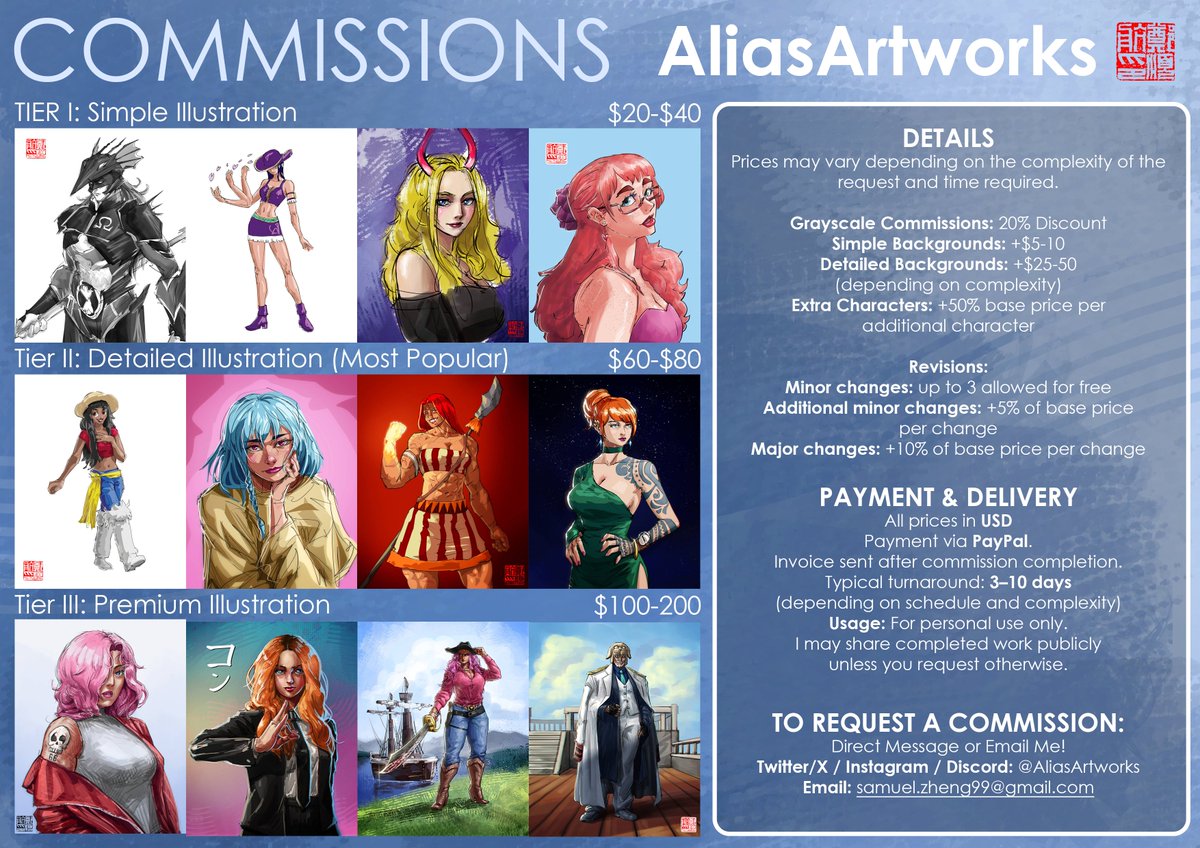 AliasArtworks's tweet photo. 🎨 Commissions are OPEN!

Want custom art, OC designs, or full illustrations? DM me or email me!

Details are all in the commission sheet~!

NOTE: There are limited slots! I'm only taking 2 commissions this month!

#artcommissions #digitalart #artist https://t.co/JxOJgJuWea
