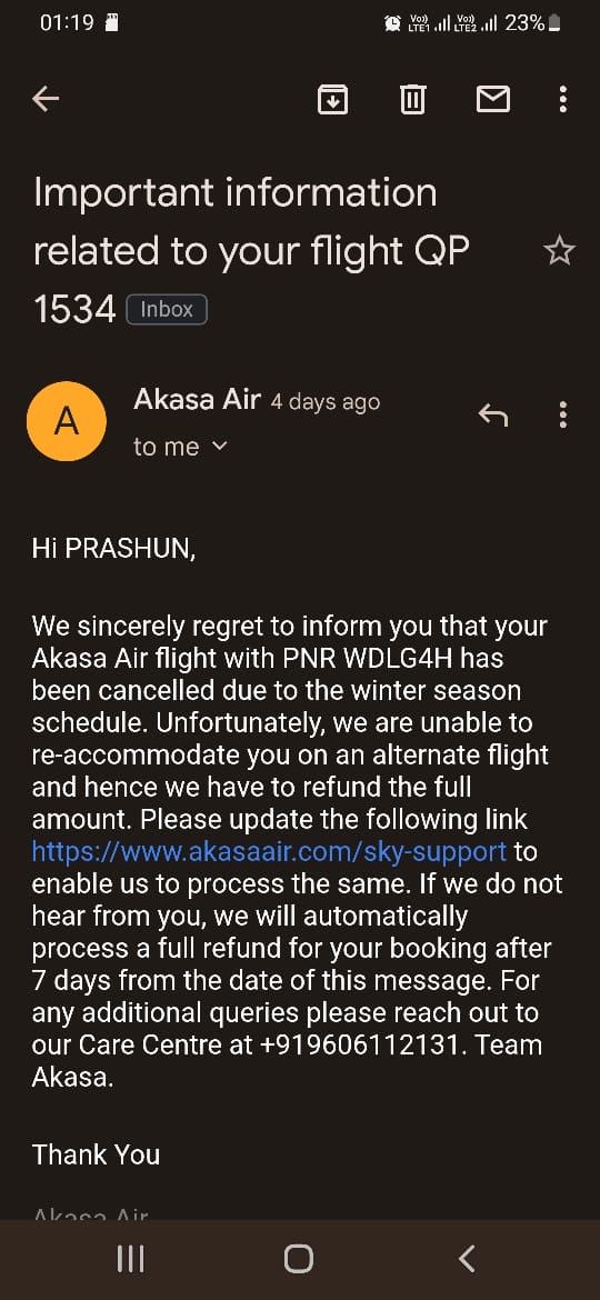 ShrotriyaNikun's tweet photo. @AkasaAir How can a confirmed ticket be cancelled suddenly without any valid reason or timely communication? Highly unprofessional &amp; stressful experience. Need urgent resolution and rightful compensation! #TravelFail #cancellationofflights https://t.co/9Ko8dlyhBo