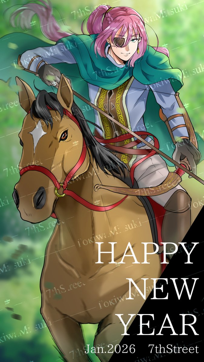7th_TM's tweet image. あけましておめでとうございます。本年もどうぞよろしくお願いいたします！

2026年のお年賀イラストは、午年ということで森を疾駆する乗馬レネです。人選は「ポニー」テールだから🐎