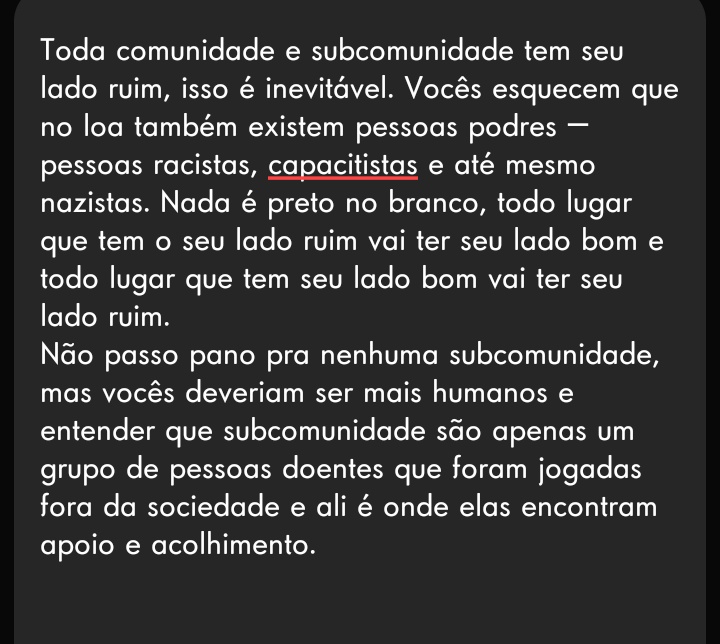 casszzsq's tweet image. Vocês tem todo o direito de não gostar de subcom, eu tbm não gosto, mas vocês deveriam lembrar que ali existem pessoas que imploravam por socorro e NUNCA foram ouvidas, fazenda elas encontrarem conforto na dor e em pessoas com a mesma dor que elas. 
Sejam mais humanos. 💗