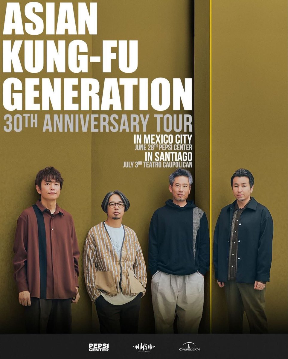 🎸 Asian Kung-Fu Generation – 30th Anniversary Tour

La icónica banda japonesa celebrará 30 años de carrera con una gira especial que llegará a Latinoamérica este verano.

📍 Ciudad de México
🗓 28 de junio
📌 Pepsi Center

📍 Santiago de Chile
🗓 3 de julio
📌 Teatro Caupolicán