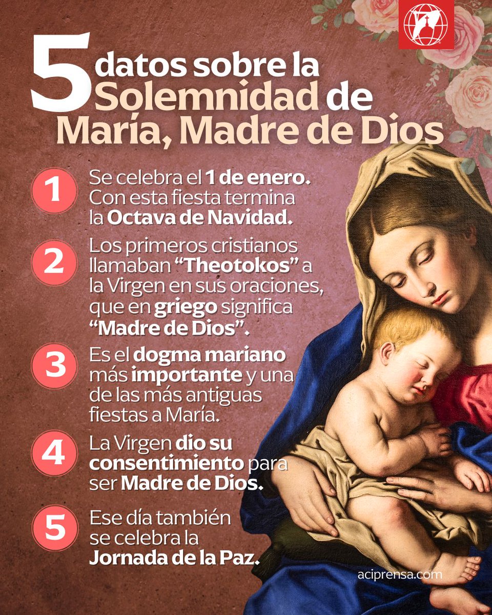¡Santa María, Madre de Dios, ruega por nosotros! 🙏 🌹⁣
⁣
Cada 1 de enero, honramos la "Solemnidad de Santa María, Madre de Dios". La Constitución dogmática Lumen Gentium del Concilio Vaticano II enseña que la Bienaventurada Virgen es honrada bajo este título desde los tiempos