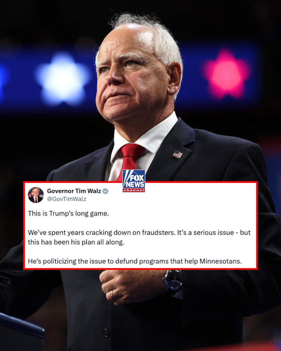 FoxNews's tweet image. 'HIS PLAN ALL ALONG': Minnesota Gov. Tim Walz responds as the Trump administration suspends child care payments to the state amid mounting daycare fraud allegations, accusing President Trump of "politicizing the issue to defund programs that help Minnesotans."