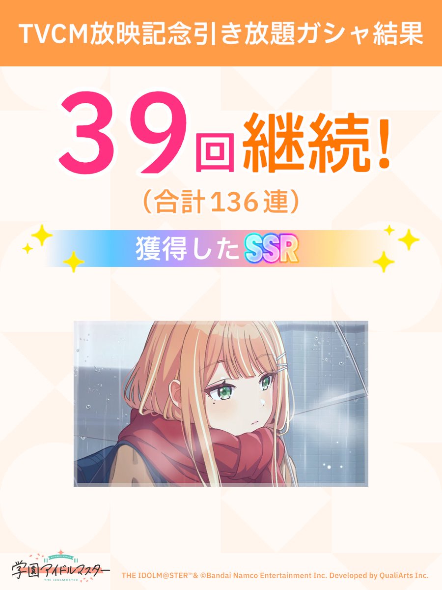 ＼ TVCM放映記念引き放題ガシャ開催中 ／

「継続」が続く限り、無料でガシャ引き放題!
ガシャはSSR1枚以上確定!

136連でSSR最低保証の一枚のみ！
途中＋1連ばかりで時間かかってこれはちょっと...

#学マス #引き放題って好き