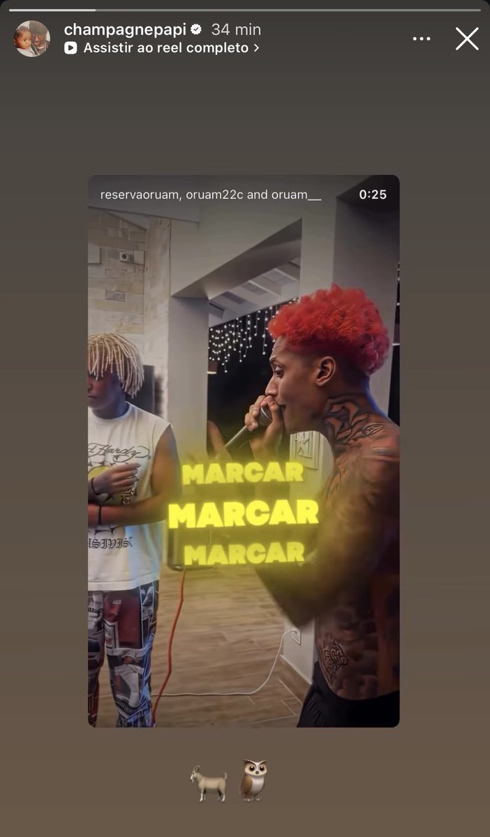 DE NOVO! Drake repostou um reels do Oruam fazendo freestyle em seu stories do instagram com os emojis "🐐🦉"