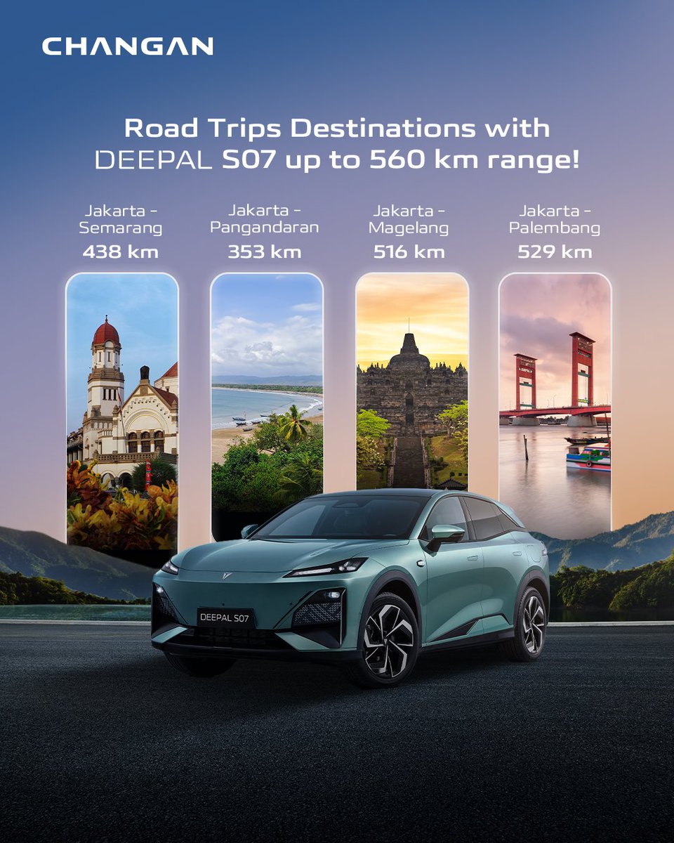 changan_id's tweet photo. Planning a holiday getaway from Jakarta? With the Deepal S07, range anxiety is a distant memory. Our advanced EV technology empowers you to explore more, confidently reaching your desired destinations. https://t.co/dY460I8PRJ
