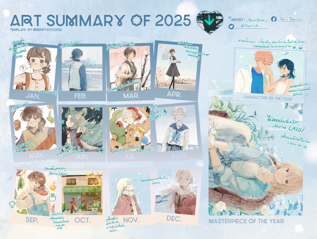 #artsummary2025
เป็นธรรมเนียมที่ขอลงไว้สักหน่อย มาในธีมสีฟ้าเย็น ๆ ภาพรวมงานผ่อนคลายจากปีก่อน ๆ เยอะมาก เน้นวาดเอาที่สบายใจไม่กดดัน ขอบคุณทุกคนในนี้ที่คอยสนับสนุนมาตลอดทั้งปี ปีหน้าก็ขอฝากตัวด้วยนะคะ 🥺🫶🤍