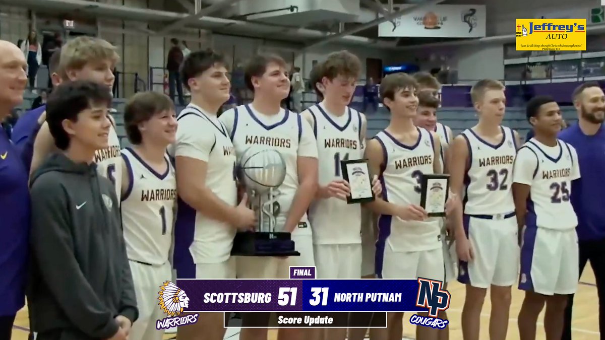 scsd2athletics's tweet image. 🏀 FINAL! The Warriors defeated the North Putnam Cougars with a score of 51-31! Warriors are your 2025 Clay City Classic Champions!! 💜💛 #WarriorPride