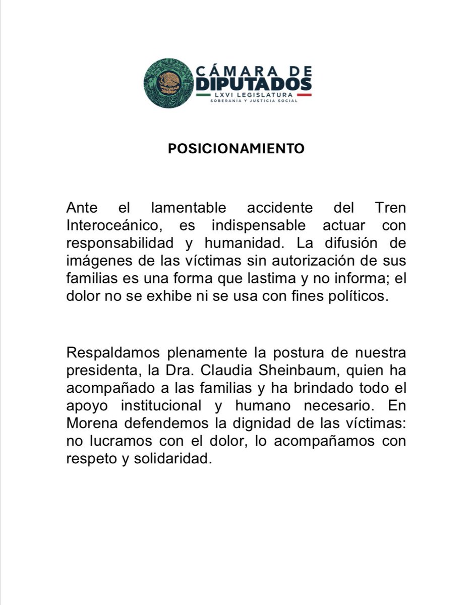 En el Grupo Parlamentario las y los <a href="/DiputadosMorena/">Tus Diputadas y Diputados Morena</a> , respaldamos plenamente la postura de nuestra Presidenta <a href="/Claudiashein/">Claudia Sheinbaum Pardo</a> , quien ha acompañado a las familias y ha brindado todo el apoyo institucional y humano necesario.

#BetyMilland #DiputadaFederal