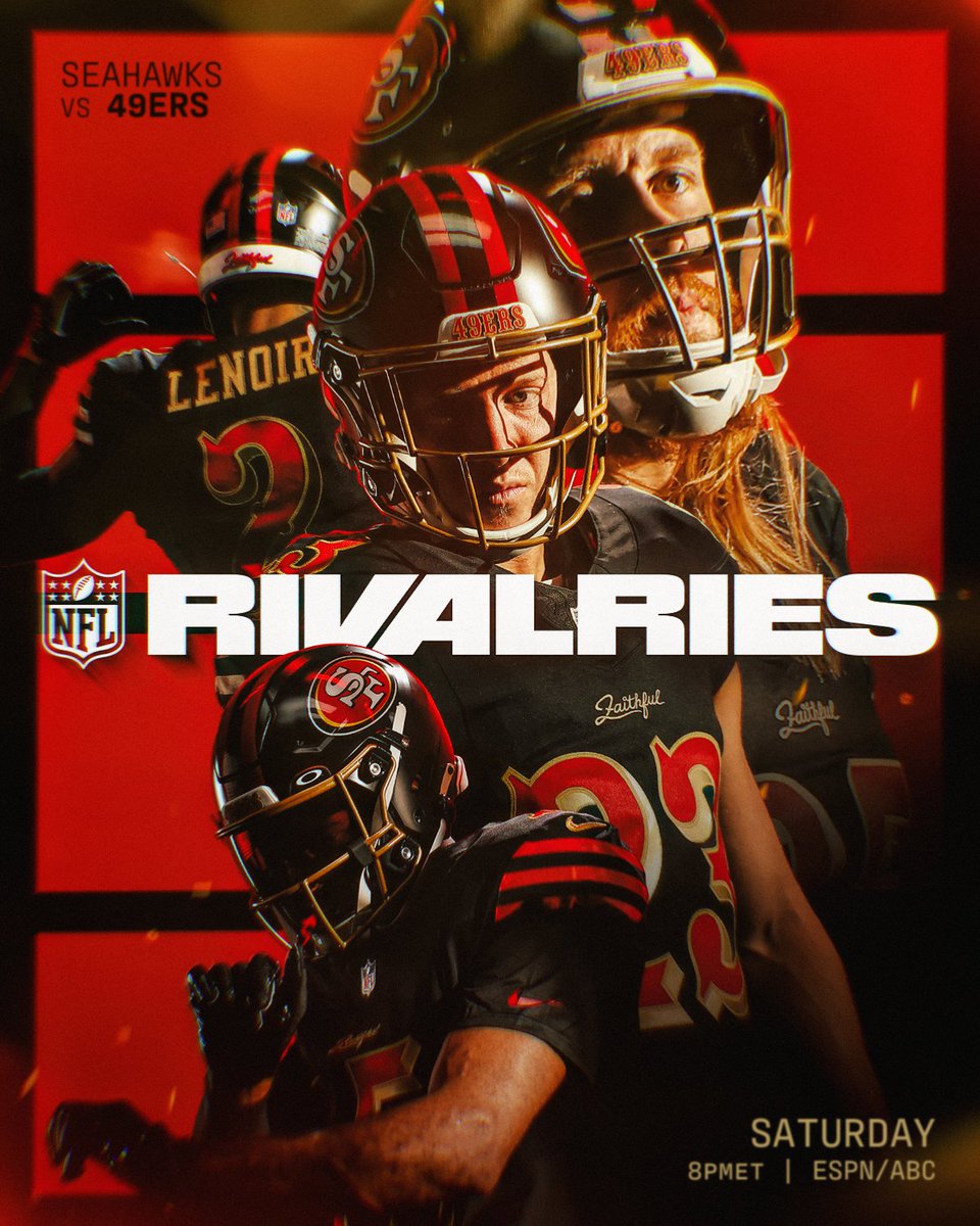 For the Faithful. The NFL x Nike Rivalries season finale featuring the @49ers. 😤
SEAvsSF– Saturday 8pm ET on ESPN/ABC
Stream on @NFLPlus and ESPN App
