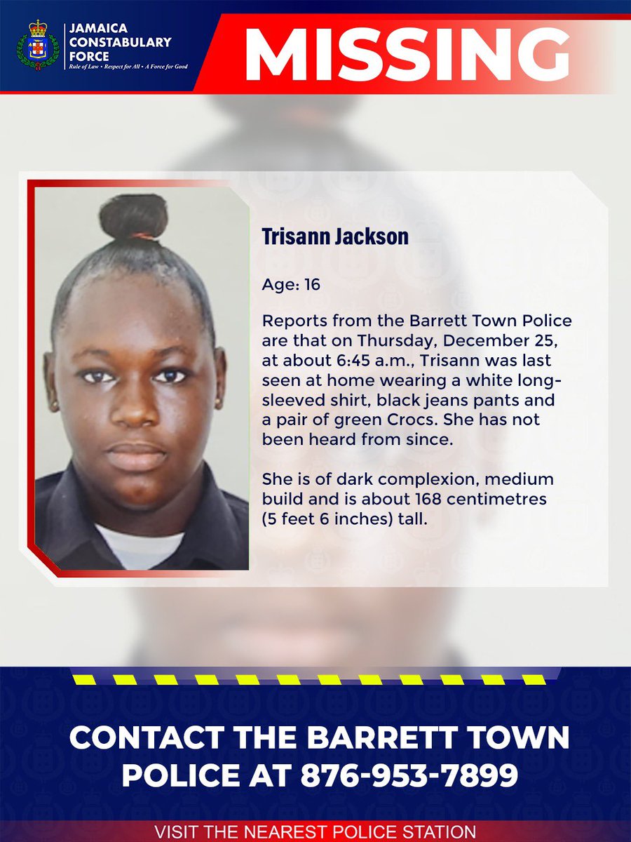JamaicaConstab's tweet image. Help us locate missing Trisann Jackson. If you know her whereabouts, please call the Barrett Town Police or the nearest police station. 

#AnandaAlert #Missing
