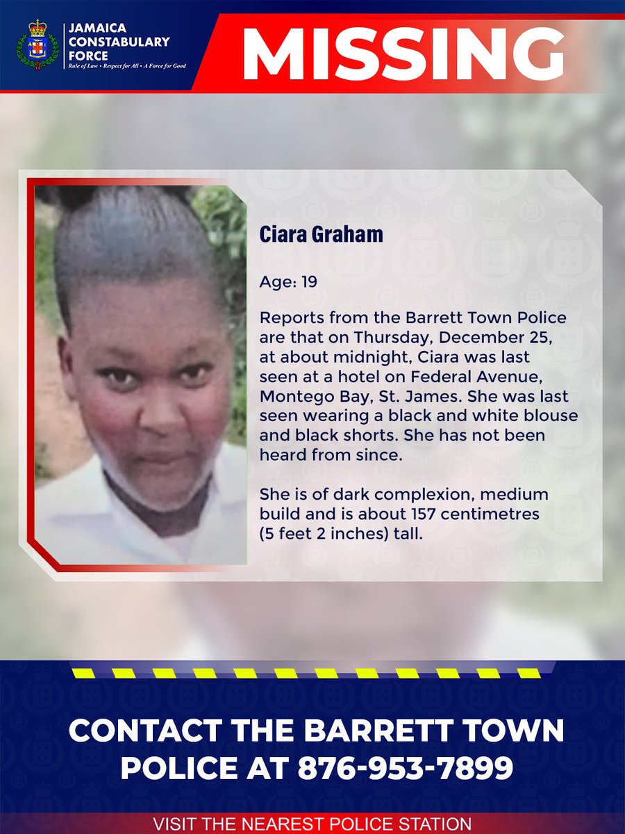 JamaicaConstab's tweet image. Help us locate missing Ciara Graham. If you know her whereabouts, please call the Barrett Town Police or the nearest police station. 

#Missing