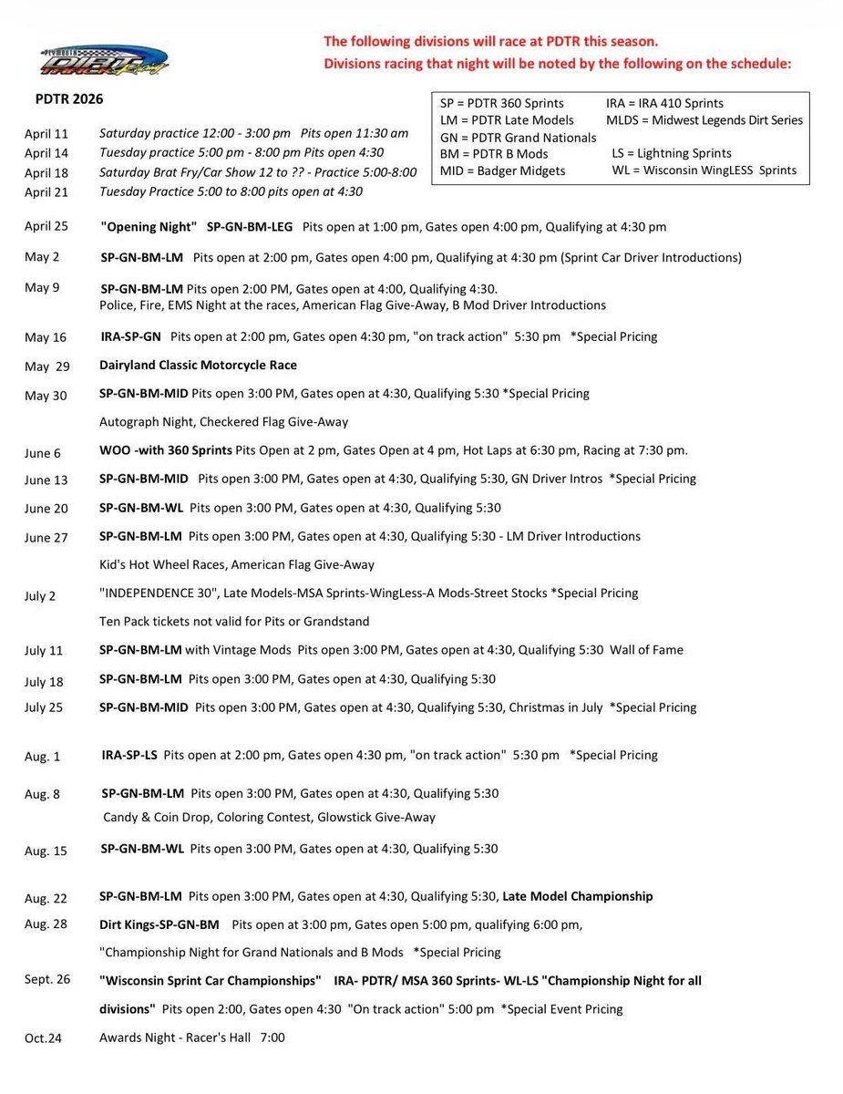 The 2026 <a href="/plymouth_dirt/">The Plymouth Dirt Track</a> schedule includes a total of 20 nights of racing, starting with the season opener on Saturday, April 25 and concluding with the annual Wisconsin Sprint Car championships on Saturday, September 26.

plymouthdtr.com/schedule.html