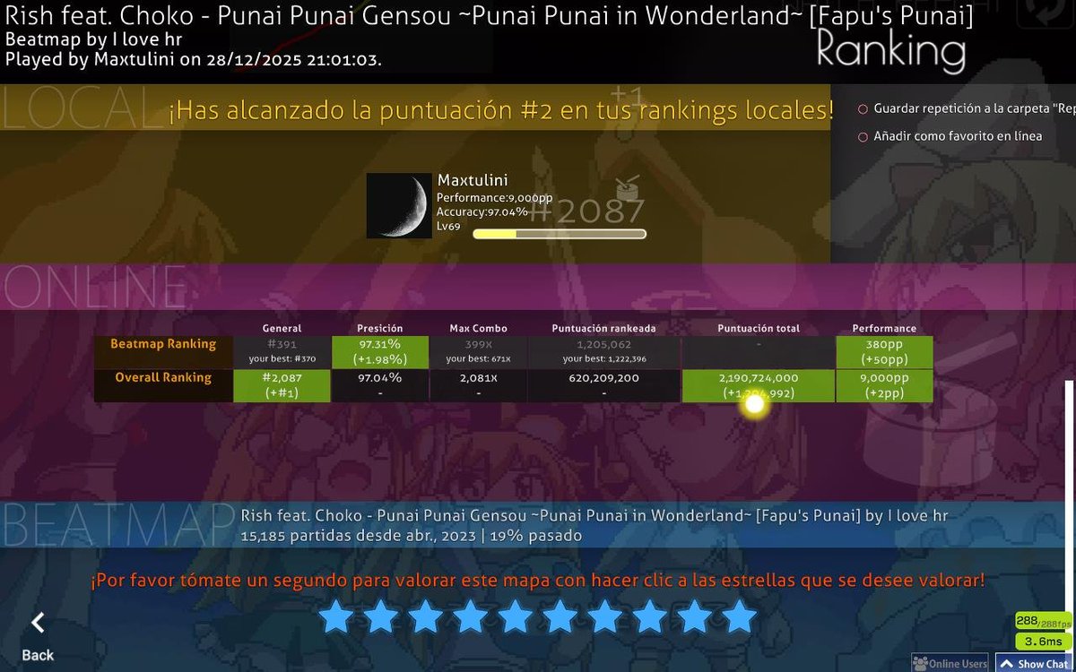 maxtulini's tweet photo. My very first 500pp play on Taiko before hitting 9kpp overall.
And right immediately got exactly 9kpp afterwards.
I'm very happy for me :D https://t.co/iN2aM83mCY