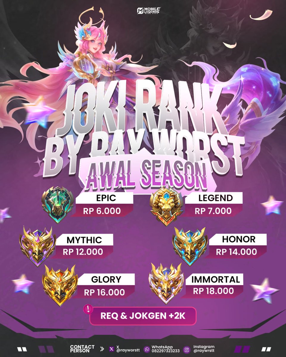 rayworstt's tweet image. Pricelist VIP, Mainin Akun, Joki &amp;amp; Jokgen🎣 

Kalo ada yang mau ditanyakan bisa langsung pc

Ada bonus/potongan di hari sabtu &amp;amp; minggu 

Contact
linktr.ee/rayworstt 
Thank you!❤️
#zonauang #zonajajan #zonaml #mlbb #jokiml #zonaBA #zonatest #zonajoki #zona
