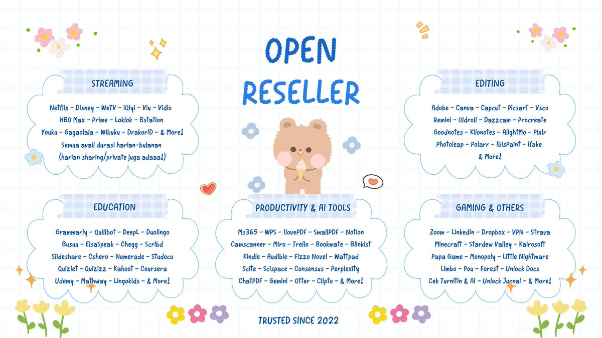 open reseller apprem 

› 3 admin aktif
› trusted since 2022
› garansi sat set
› fast respon
› harganya udah pasti terjangkau with 500+++ testi 

available: streaming, editing, education, AI &amp; productivity, game &amp; unlock tools

boleh intip pl dulu yaaaa #zonauang