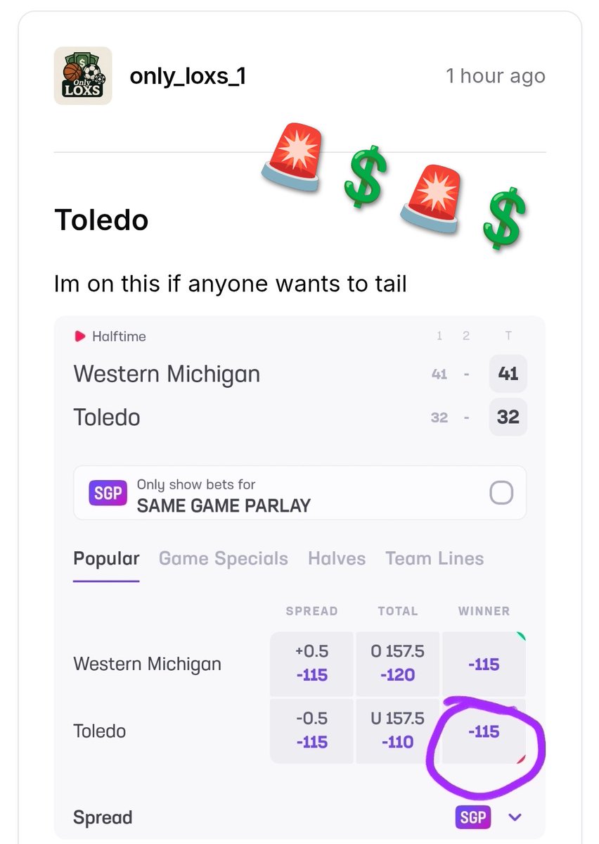 NOBODY hits more live bet in-game winners than me‼️

🏀 Toledo ml ✅️
( down 9, wins outright 👀) 

📈 Consistently winning 
dubclub.win/only_loxs_1/