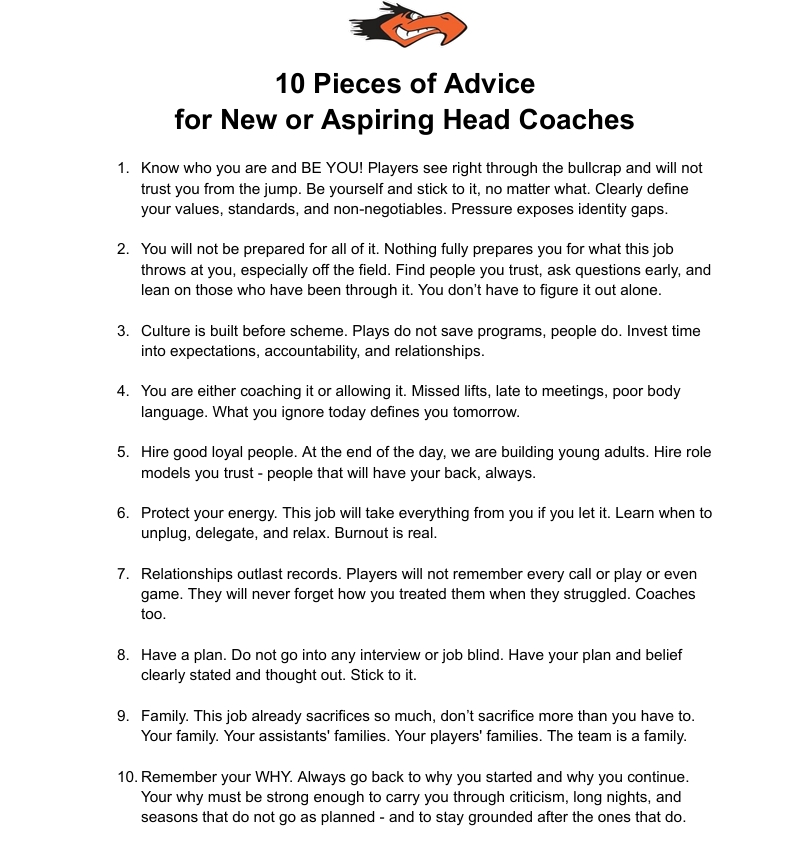 coachdecost1's tweet image. I just finished my first year as head football coach. What a year it was. Here is ten pieces of advice I would give a new or aspiring head coach in any sport.