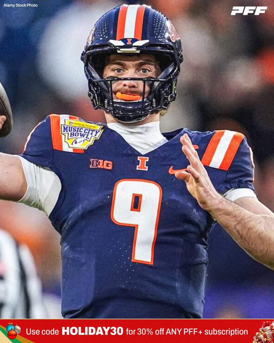 PFF_College's tweet image. Illinois QB Luke Altmyer in the Music City Bowl vs Tennessee:

🔶 20/33
🔶 250 Total Yards
🔶 2 Touchdowns
🔶 0 Interceptions

@IlliniFootball