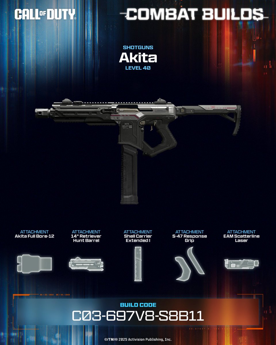 Whether you’re snapping or spraying the Akita Shotgun balances clean hipfire and quick ADS so you can stay aggressive and stay in control. No matter how the fight breaks 😏

💥 Equip this build now ➡️ C03-697V8-S8B11 #CallOfDuty #CODCombatBuilds