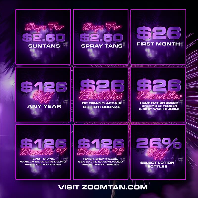 ZoomTan's tweet image. If you’re starting 2026 without a tan… are you even doing it right? ✨ Let’s fix that with New Year’s Eve deals worth celebrating 🥂
 
1️⃣ Buy a Suntan, Get One for $2.60
2️⃣ Buy a Spray Tan, Get One for $2.60
3️⃣ $26 First Month of a Monthly Membership
4️⃣ $126 OFF Any Year…