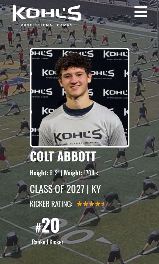 colt_abbott's tweet photo. Grateful to have been upgraded to @KohlsKicking 20th ranked in the US.

@MentalGamePro @CtspFootball @mkuehn83 @BallardFball @HKA_Tanalski https://t.co/qCGQlCYfcL