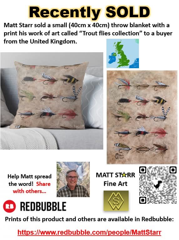MattStarrFineA1's tweet image. I recently sold a small throw blanket with a print my work of art called “Trout flies collection”.  redbubble.com/shop/ap/158809… 

#mattstarrfineart #trout #troutflies #fish #throwpillow #UnitedKingdom #art #paintings #artforsale #artist  #clothes #tshirt #shirt #art #Redbubble