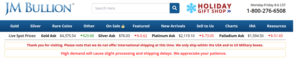DarioCpx's tweet image. JM Bullion only ships to the US now - no international anymore