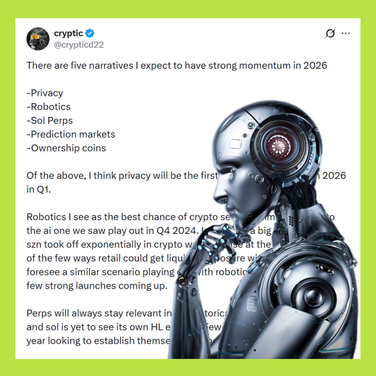 🤔 5 narrative cho 2026: anh em đang đặt cược vào cái nào? 

Nếu phải chọn ra 5 narrative có khả năng dẫn sóng thị trường crypto năm 2026, anh em sẽ nghiêng về hướng nào?

Theo góc nhìn của <a href="/crypticd22/">cryptic</a>, đây là 5 narrative được kỳ vọng có động lực tăng trưởng