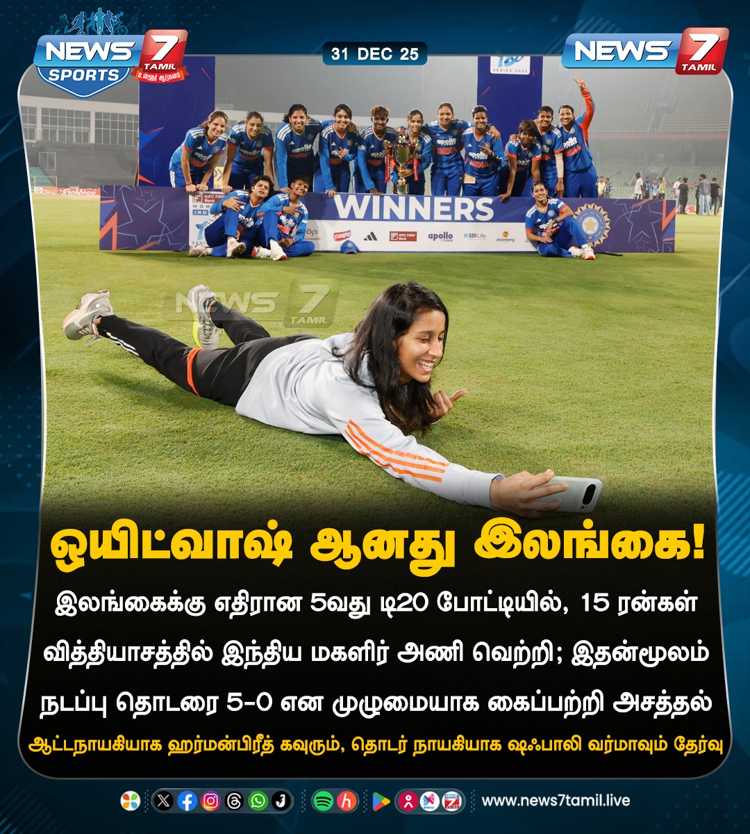 News7Tam_sports's tweet image. ஒயிட்வாஷ் ஆனது இலங்கை!

#INDvSL | #INDWvsSLW | #INDWvSLW | #India | #Srilanka | #T20Is | #Cricket | #HarmanpreetKaur | #ShafaliVerma