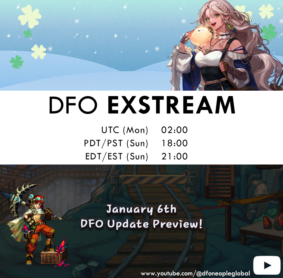 DFOglobal's tweet photo. Good Fortune is on its Way! Come join our ExStream this week for January 6th DFO update previews! 
* Please note that the stream has been postponed due to the holiday period🙏
#DFO #ExStream #Preview https://t.co/cdH8WLWTsK