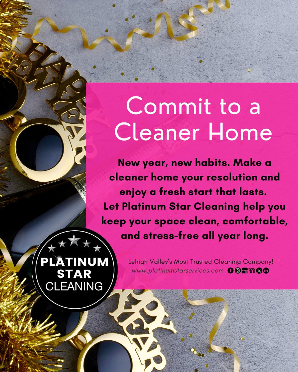 PStarService's tweet image. ✨ New year, new habits! ✨✅ Commit to a Cleaner Home 💖

Make a cleaner home your resolution and enjoy a fresh start that lasts all year long. 🧼🏡

⭐ Lehigh Valley’s Most Trusted Cleaning Company
🌐 platinumstarservices.com

#NewYearNewHabits #CleanerHome #PlatinumStarCleaning