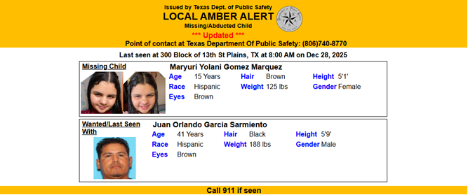 TX_Alerts's tweet photo. ACTIVE AMBER ALERT for Maryuri Yolani Gomez Marquez from Plains, TX, on 12/28/2025. https://t.co/vKOluXVzM1