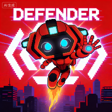 licharango's tweet photo. The robot is framed by a bright red hexagonal border, set against a city skyline—"DEFENDER" in bold white letters pops with energy. @linera_io https://t.co/LE1IJidfL1