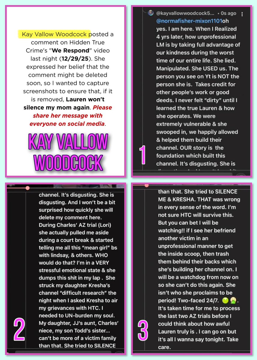 Beth02428329's tweet image. Kay Vallow Woodcock commented on a @HiddenTrueCrime video, #LaurenMatthias has deleted it.
So everyone please share!!
#HTC trauma vultures 🤬
💜 to @KreshaKay and her family 💜
@NeuroPharmPsych @CriminaliTy187 @SleuthieGoosie @nicolespacek @painineffinass @oksanka_luky