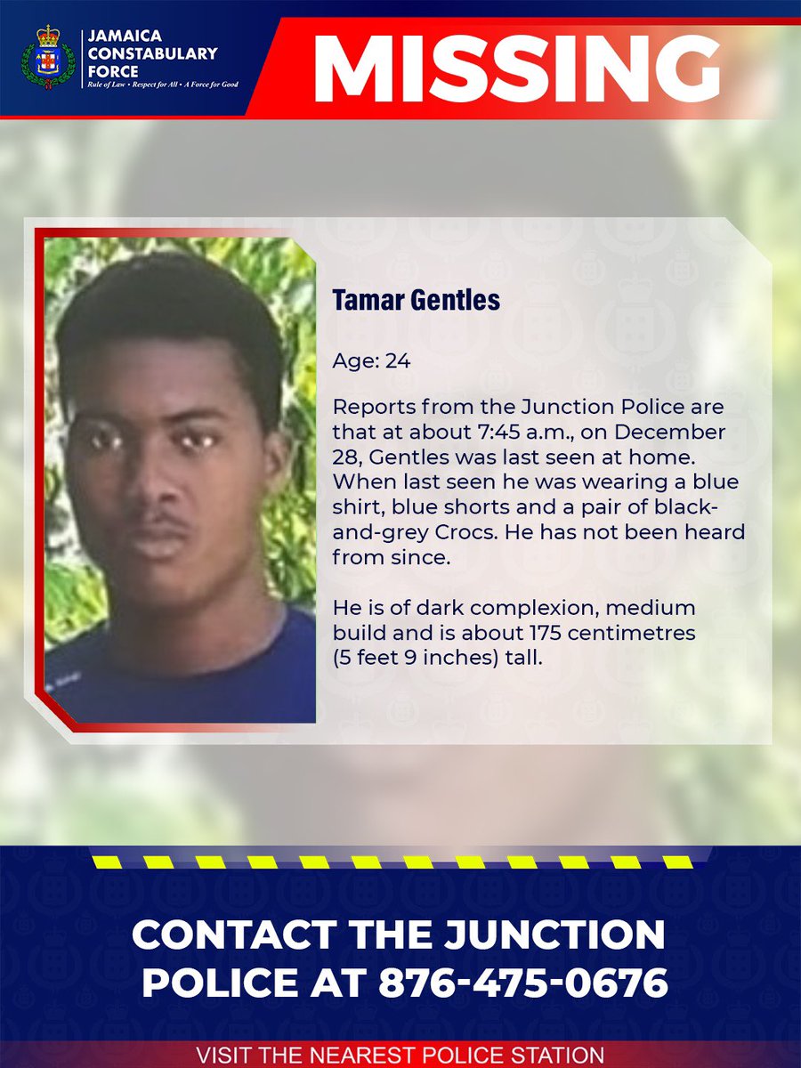 JamaicaConstab's tweet image. Help us locate missing Tamar Gentles. If you know his whereabouts, please call the Junction Police or the nearest police station. 

#Missing