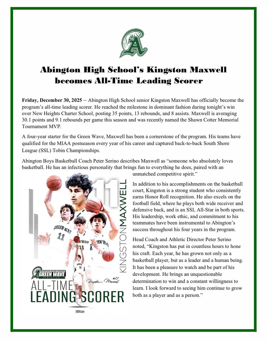 AbingtonAD's tweet image. Senior Kingston Maxwell became the Boys Basketball All Time leading scorer in tonight’s win over New Heights scoring 35 points and adding 13 rebounds and 8 assists.