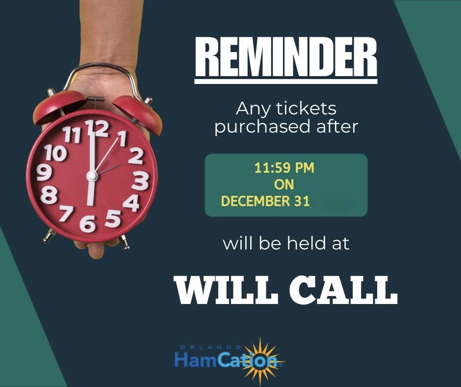 Hamcation's tweet image. Order tickets and select 'MAILED' before 11:59 PM on Dec 31, for mail delivery. After that, tickets will be will call only. 
Visit hamcation.com/hamcation-tick…
