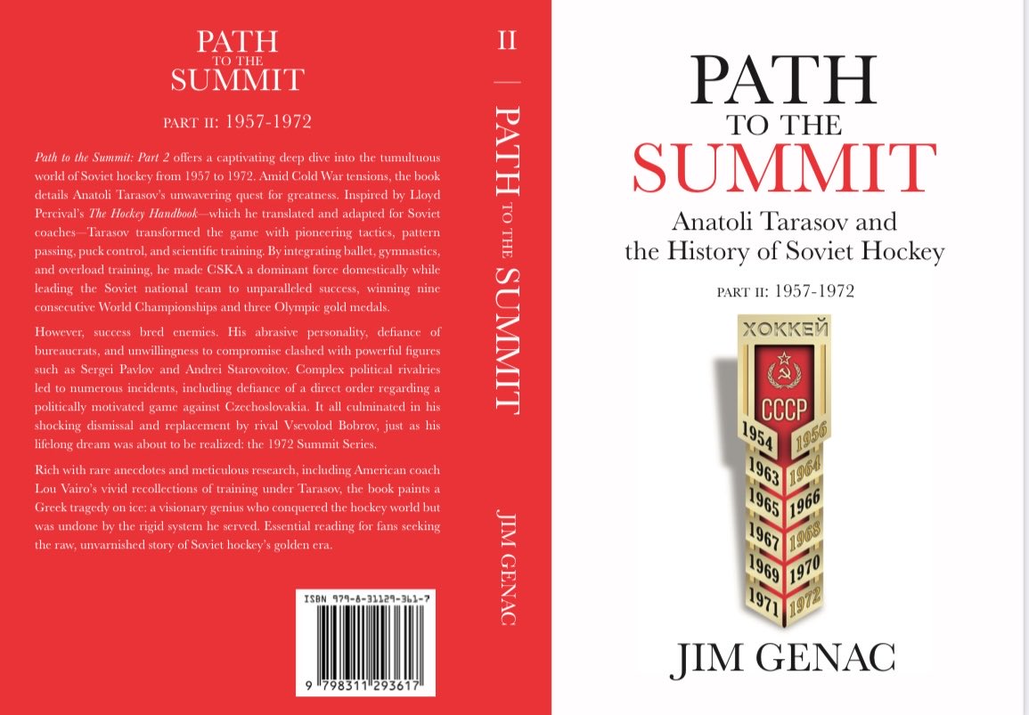An update on Part II. The decision has been made to delay the release until early 2026. This is the cover.

Back Cover Narrative:

Path to the Summit: Part 2 offers a captivating deep dive into the tumultuous world of Soviet hockey from 1957 to 1972. Amid Cold War tensions, the
